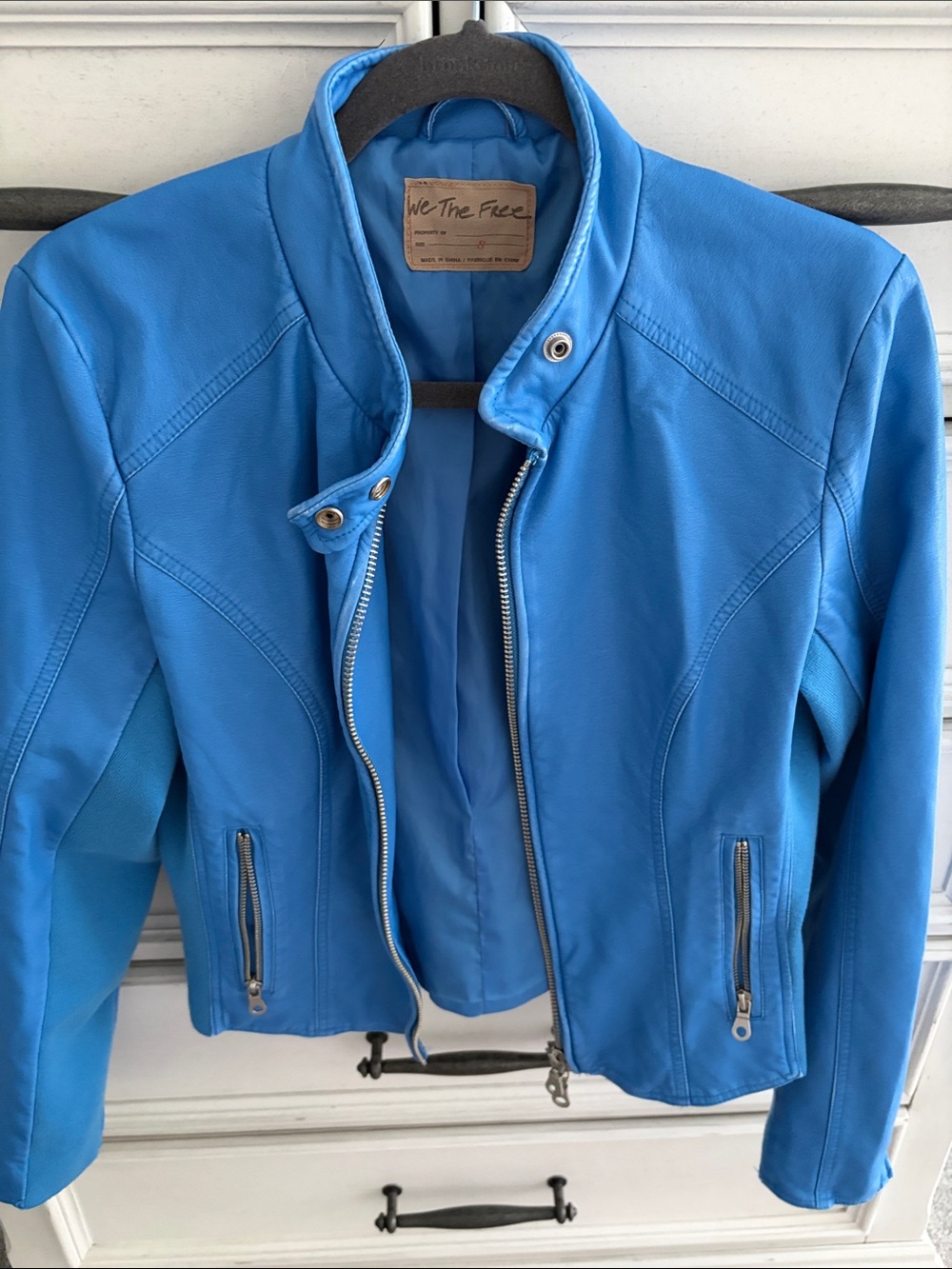 We The Free Bright Blue Faux-Leather Moto Jacket